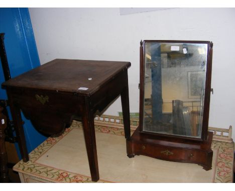 An antique toilet mirror together with mahogany stool