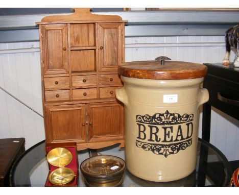 A Henry Isaacs aneroid barometer, a modern pocket compass, old stone bread bin and a miniature dresser 