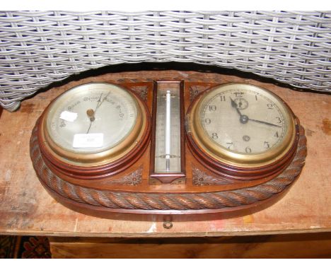 A barometer thermometer and clock, mounted on wall plaque 