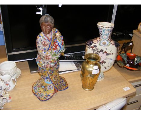 A Japanese Guanyin Kwan Yin holding Immortal with satsuma moon flask and Japanese brass vase with silver and copper repousse 