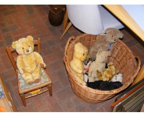 Assorted vintage Bears and other soft toys, together with doll's chair and wicker basket 