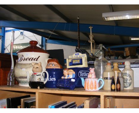 A large Bread Bin, novelty teapots, a stretched Pepsi bottle and soda siphon, etc. 