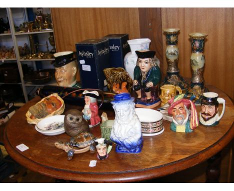 Sylvac 1453 Falcon Ware character jug, Bossons 1950's bust of Shepherd, a pair of hand painted Satsuma candlesticks and other