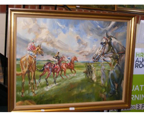 JACK LAWRENCE MILLER (1916-1987) - oil on canvas - horse racing scene - signed and dated 1986 - 64cm x 85cm CONDITION REPORTg