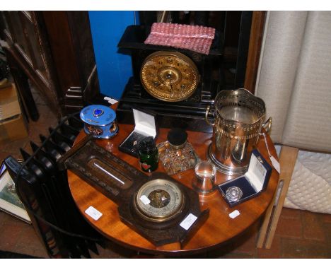 A Victorian slate gilt faced mantel clock, oak framed wall barometer and thermometer, sterling silver bottle holder and other