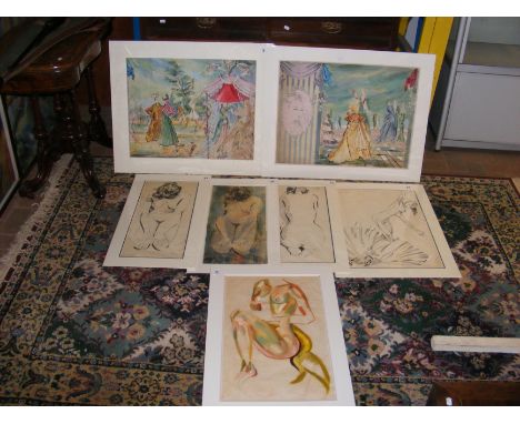 JACK LAWRENCE MILLER (1916-1987) - selection of seven watercolours - nude studies and fashion prints - in mounts 