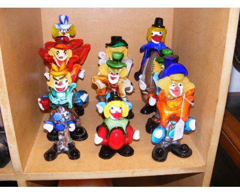 A collection of Murano, or similar, glass clown ornaments 