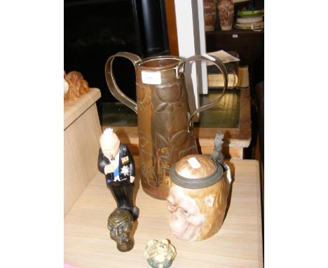 A copper Art Nouveau style two handled vase, together with a plaster Churchill figure and other collectables  CONDITION REPOR