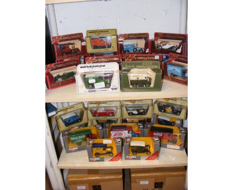 Die cast model vehicles, including Matchbox Models of Yesteryear and Corgi Classics - on two shelves 