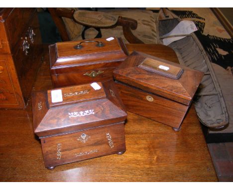 A mother of pearl inlaid two compartment tea caddy together with two others