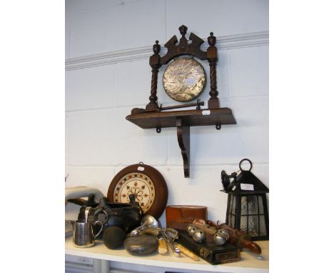 A sundry lot of collectables, including dinner gong, hipflask, sleigh bells and ceiling lantern 