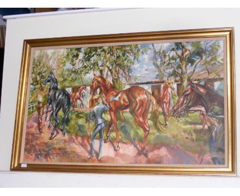 JACK LAWRENCE MILLER (1916-1987) - oil on canvas - horse racing scene 'In The Paddock' - signed and dated 1938 - 78cm x 130cm