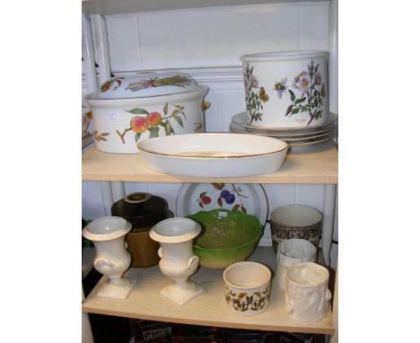 Assorted ceramics, including 'cabbage' bowl, Portmeirion 'Botanic Garden' and Royal Worcester 'Evesham' - on two shelves 