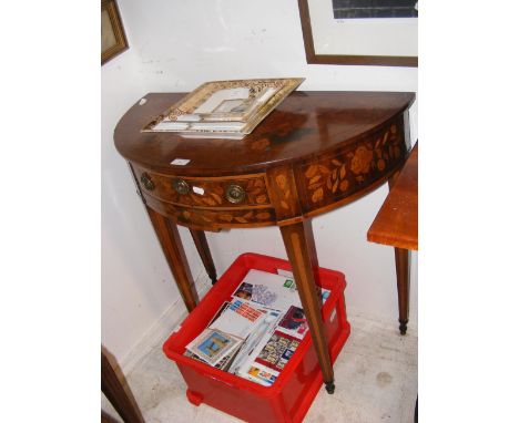 A half round marquetry antique side table with single drawer