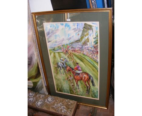 JACK LAWRENCE MILLER (1916-1987) - watercolour - horse racing scene - signed and dated 1985 - 100cm x 60cm 