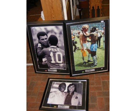 Three framed and glazed photographs of Pele bearing signature, having certificates to reverse CONDITION REPORT We have attach