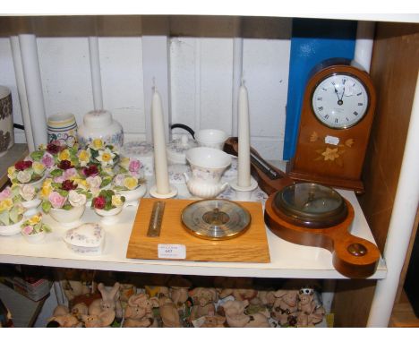 Coalport ornamental flowers, Wedgwood 'Angela' pattern trinket boxes, clock and barometers, etc. 