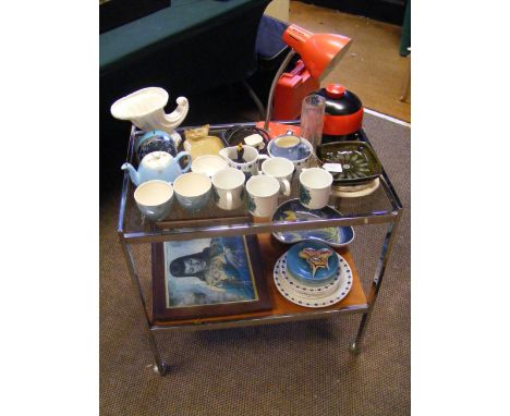 A vintage mid century Howard Miller trolley, together with collectable ceramics and household items 