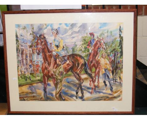 JACK LAWRENCE MILLER (1916-1987) - watercolour - horse racing scene - signed and dated 1985 - 54cm x 75cm CONDITION REPORT.