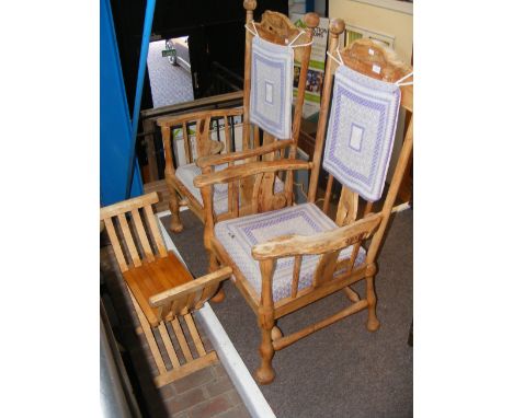 Two driftwood armchairs, together with a stool