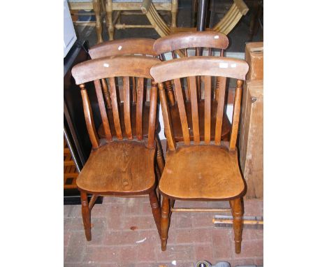 A pair of antique country slat back chairs, together with two stick back chairs