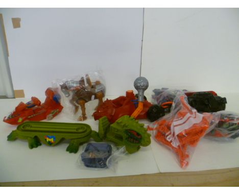 Seven original Mattel He-Man Masters of The Universe vehicles including Land Shark, Attak Trak, Bashasaurus, Roton, Stridor, 