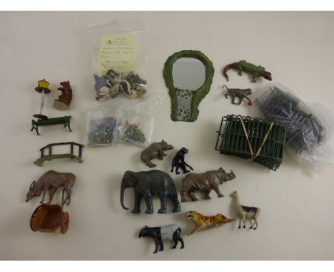 Collection of metal zoo animals and figures including lake & ducks, various animals (approx 30 figures) plus two sets of rail