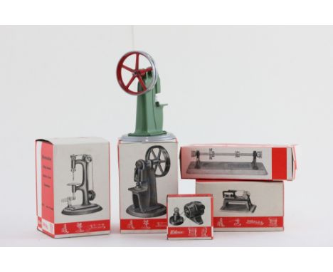 Five boxed Wilesco engine parts including M51 Drilling Machine, M55 Lineshaft, M59 Tilting Punch Press, M60 Hock Saw and M66 