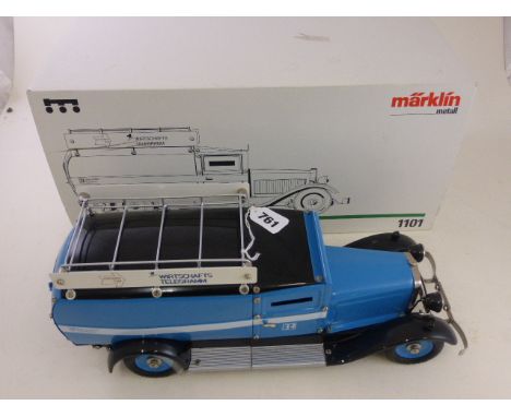 Marklin 1101 Armoured Bank Tinplate Clockwork Truck Limited Edition model, blue/white body, black chassis, with working light