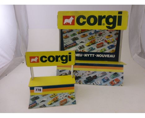 Two original vintage freestanding Corgi card shop display stands both with mixed die-cast vehicle graphics (vg)