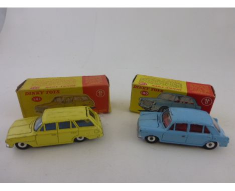 Two boxed Dinky die-cast vehicles including 140 Morris 1100 in pale blue with red interior and 141 Vauxhall Victor Estate Car