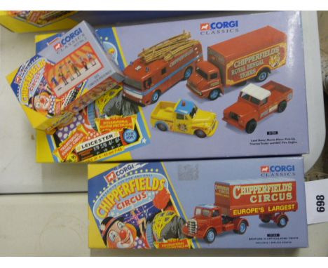 Three boxed Corgi Chipperfield Circus sets including 31703 Land Rover, Morris Minor Pick Up Thames Trader and AEC Fire Engine