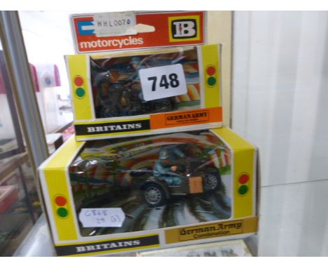 Two boxed Britiains Motorcycles including 9679 German Army Dispatch Rider and 9681 German Army Combination both excellent, bo