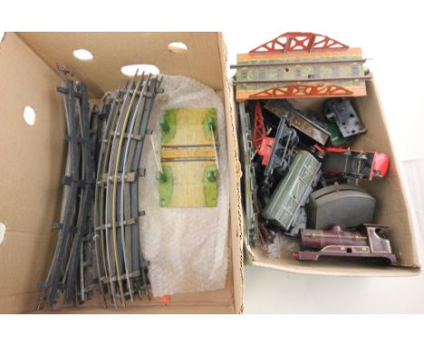 Group of O gauge Hornby model railway including engine (a/f), Shell wagon, four other trucks,  track etc
