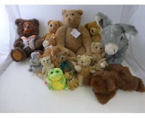 Collection of 13 soft toys including large Canterbury Bear with tag, Steiff yellow tag bear, Ty etc