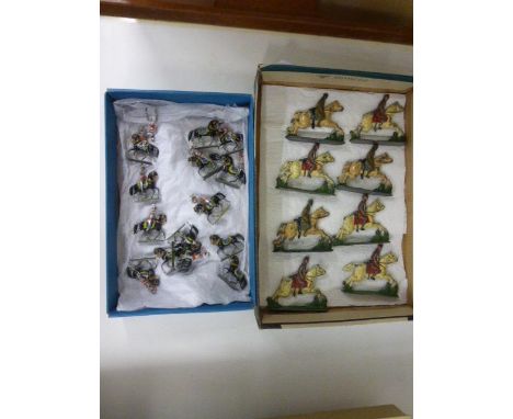 Eight flat metal horse mounted soldiers plus 14 x miniature metal horse figures, 11 mounted