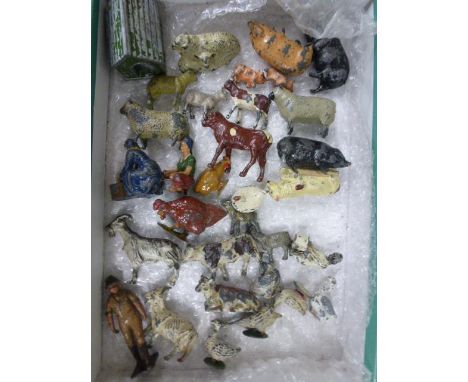 Group of vintage play worn metal farming figures including animals, people and one building FGT & Sons and Britians noted, ap
