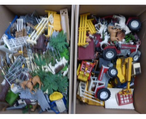 Very large quantity of vintage plastic Britains farming figures and accessories in two boxes plus layout bases