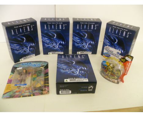 Five boxed THK Tree House Kids Aliens Swarm Packs Item #210 plus carded Star Trek The Next Generation Deanna Troi figure and 
