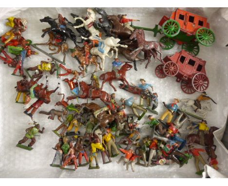 Collection of vintage play worn metal figures including Britains, Crescent & Cherilea including two stage coaches, 15 horses,