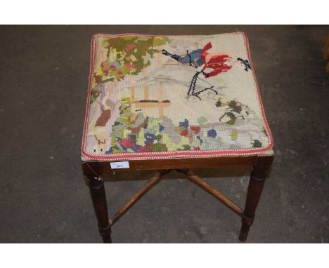 Mahogany framed stool with tapestry top and X formed stretcher