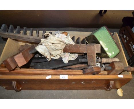 Box of assorted workshop items to include hand tools