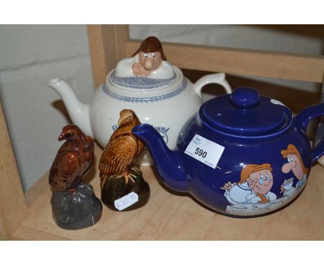Two commemorative Tetley teapots together with two miniature Beneagles Scotch Whisky decanters