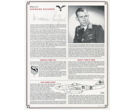 WW2 Luftwaffe fighter ace Hermann Buchner KC signed A4 descriptive biography and Wartime picture card. Signed in Pencil. Aust
