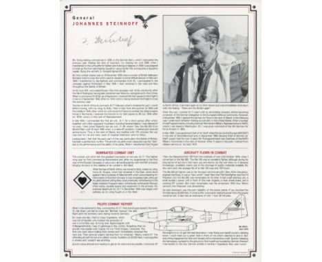 WW2 Luftwaffe fighter ace Gen Johannes Steinhoff KC signed A4 descriptive biography and Wartime picture card. Signed in Penci