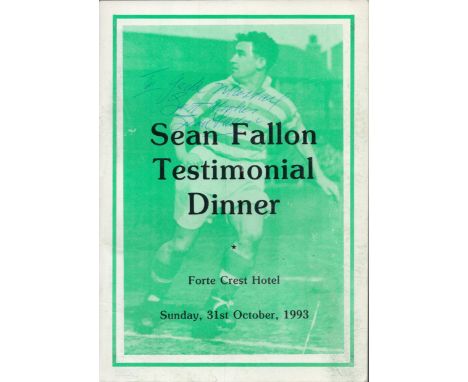 Football Celtic legend Sean Fallon signed to front of his 1993 Testimonial Dinner programme to collector Jack Murray. Good co