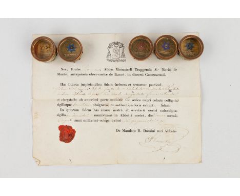 5 sealed Thecas with relics: Particulam ex ossibus S. Liberartea M. , S. Liobati M, S. Leonis 2, S. Leandri, S. Leontii M.The