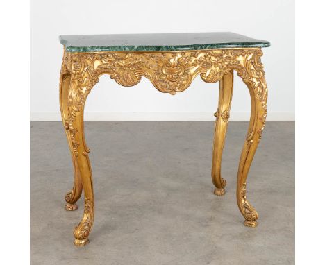 A sculptured, giltwood console table, Louis XV style, green marble.&nbsp;20th century.&nbsp;(L:48 x W:83 x H:83 cm)