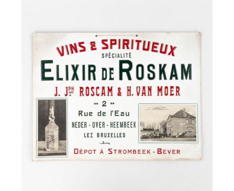 An antique advertising board 'Vins &amp; Spiritueux Elexir De Roskam'. Circa 1930.&nbsp;(W:42 x H:32 cm)