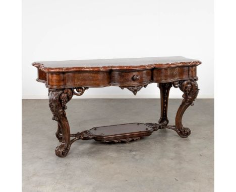 A large console table, oak and walnut, with a Belgian marble, Louis Philippe. 19th C.(L:68 x W:174 x H:85 cm)